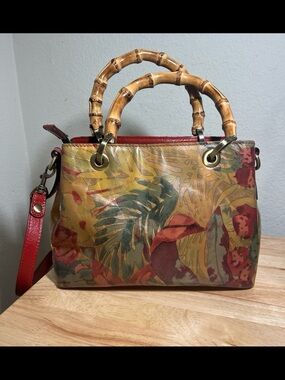 Patricia Nash Empoli Leather Satchel Bamboo Handle Tropical Dreams Print